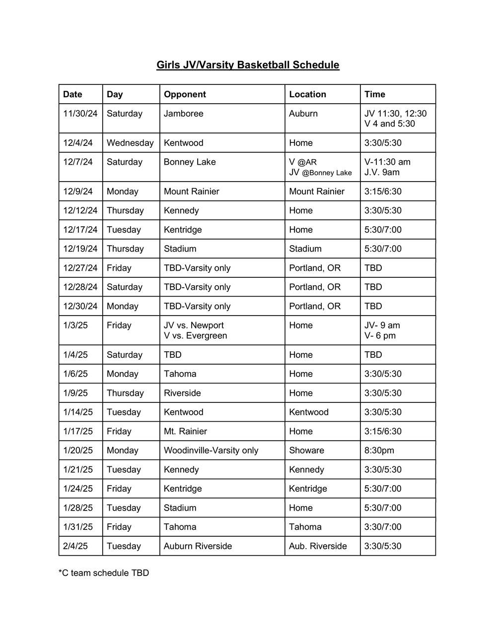 Girls Varsity/JV Basketball Schedule